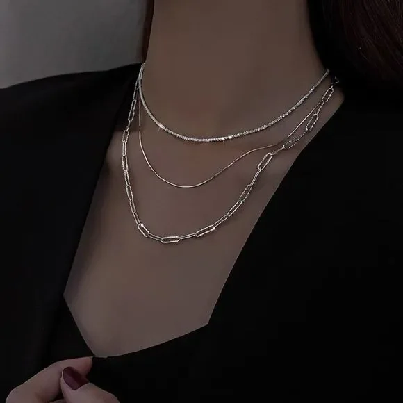 Brand New 925 Sterling Silver Layered Necklace Sparking 3pc Set Minimalist Chain - Picture 8 of 9